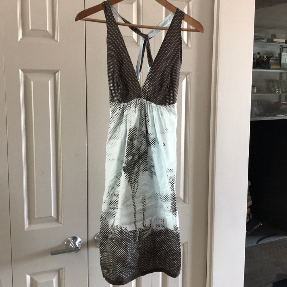 Cotton blue and brown halter top sundress. Petite.